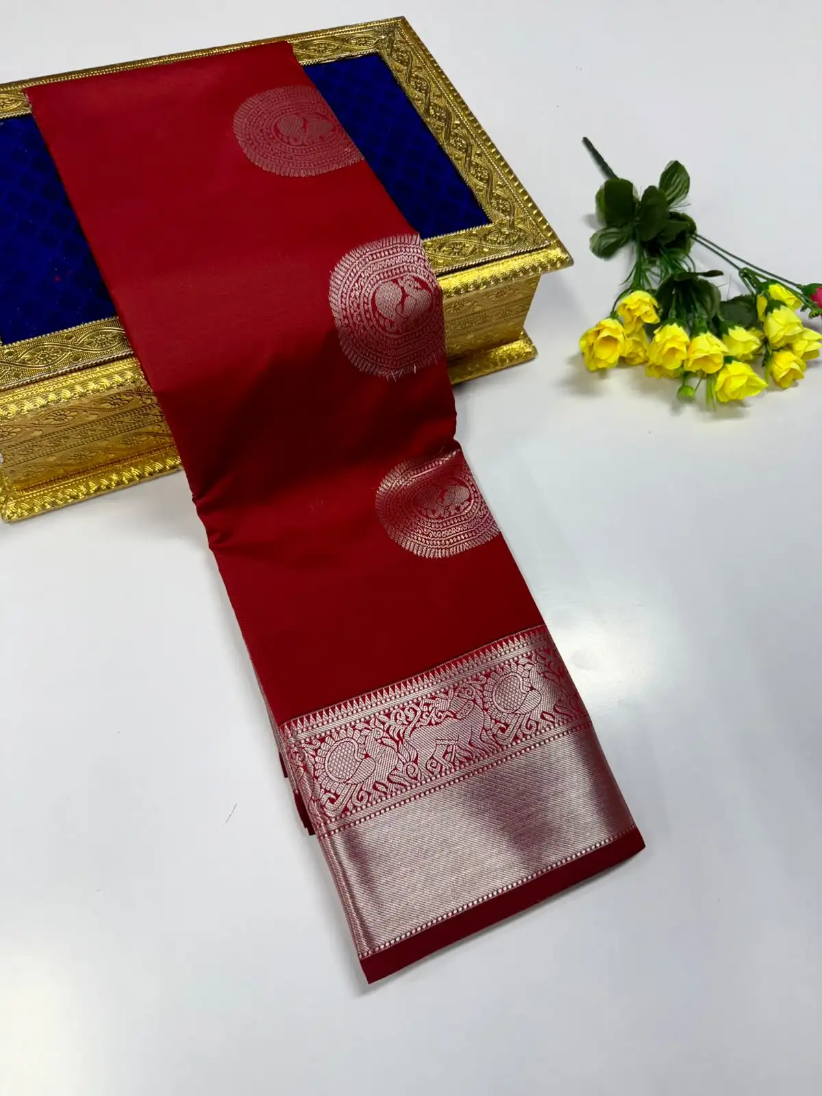 Peacock Floral Round Motif Zari Butta Elephant Brocade Border Semi Kanchipuram Silk Saree